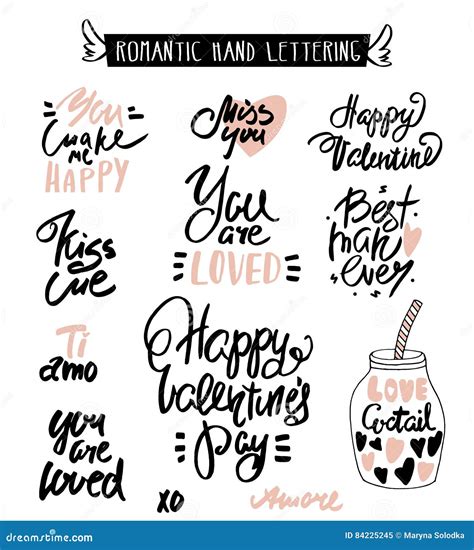 Set Of Love Quotes Hand Drawn Lettering Happy Valentine`s Day Xoxo