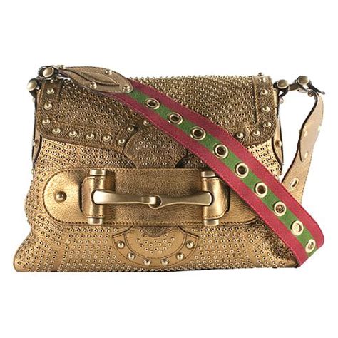 Gucci Metallic Leather Pelham Studded Flap Shoulder Handbag