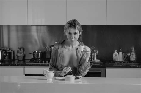 Housewife With Bare Breast Drink Coffee At Kitchen Sensual Woman In