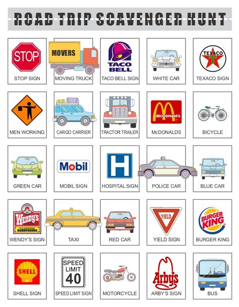Simply look for speed limit signs, different colored cars, different kinds of trucks, restaurants, landmarks, birds and more as you drive along the road or freeway. Printable Road Trip Scavenger Hunt | Fun Family Crafts
