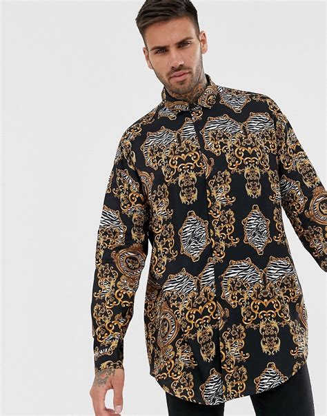 Asos Design Dropshoulder Oversized Baroque Print Shirt Black The