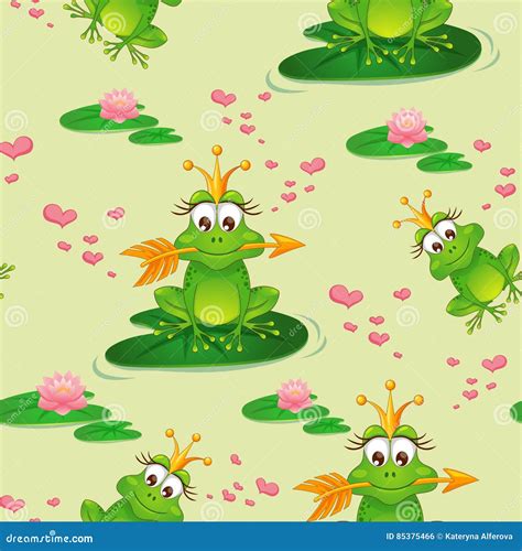 Seamless Pattern With Princess Frog And Water Lily Stock Vector
