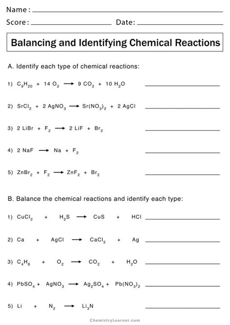 Chemical Equation Worksheet Types Of Reactions Identifying And