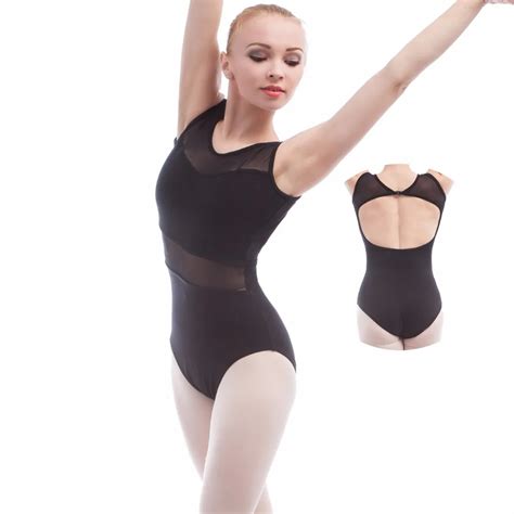 Free Shipping Adult Girls Ballet Dance Leotard Black Tank Sleeve Cotton And Mesh Ballet Leotards