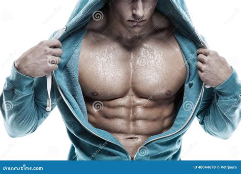 Strong Athletic Man Fitness Model Torso Showing Six Pack Abs Is Stock