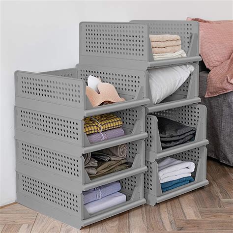 Set Of 4 Foldable Plastic Storage Boxes Shelf Baskets Wardrobe Storage