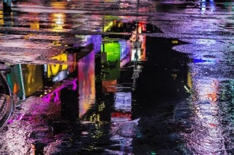 Broken Reflection Rain Night City Lights Water Street Reflection Cement