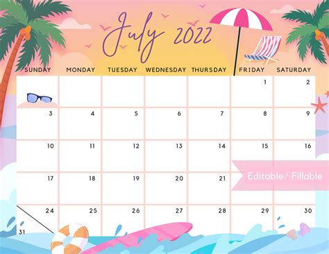 July 2022 Calendar Printable Summer Planner Calendar Cute Pink Etsy