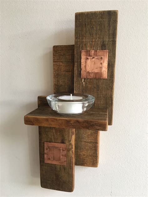 Wooden Wall Sconce With Copper Detail Reclaimed Wooden Shelf Etsy Wooden Shelves Candle