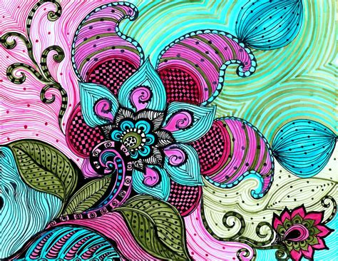 Flower Paisley Fine Art Print Pink Blue Green Flowers Ink And Acrylic