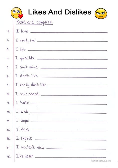 read and complete likes and dislikes worksheet free esl printable wo… english worksheets