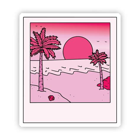 A Pink Sticker With Two Palm Trees On The Beach