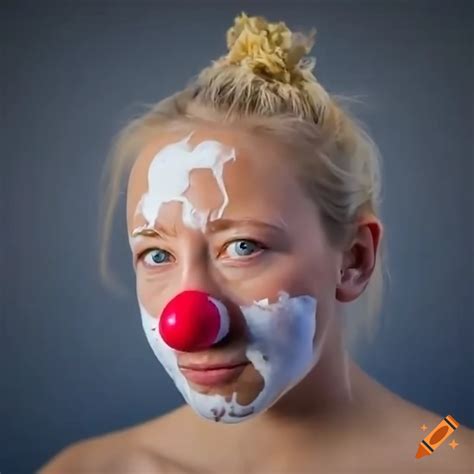 Blonde Woman With Clown Nose Covered In Foam At Circus