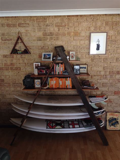 5' wall hanging surf board surfboard decor hawaiian beach | etsy. DIY bookcase and surfboard rack from old ladder ...