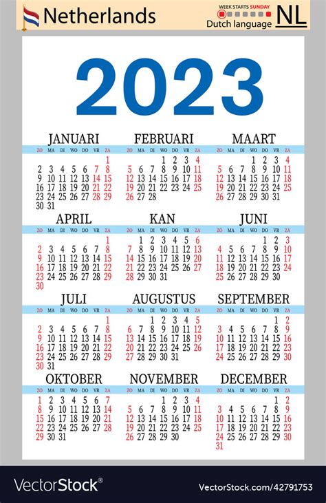 Dutch Vertical Pocket Calendar For 2023 Week Vector Image