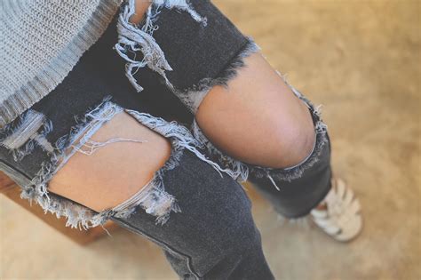 Torn Pants Torn Jeans Close Up Girl Wear Jean Women Knees In Jeans