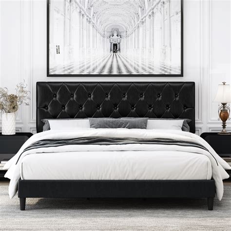 Homfa King Bed Frame White Faux Leather Upholstered Button Tufted Low
