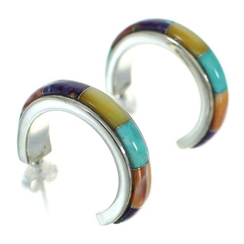 Genuine Sterling Silver Southwestern Multicolor Post Hoop Earrings Rx