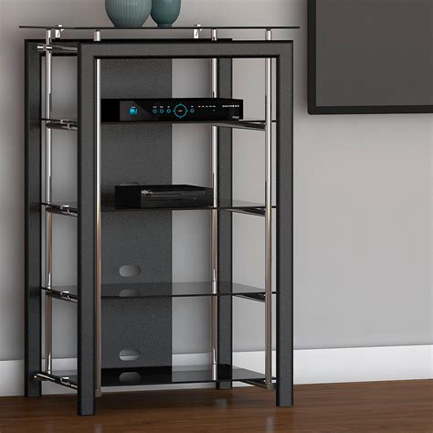 It has a base width of 9.15 inches with a shelf depth of 5 inches. Media Stand Black Chrome Stereo CD DVD Audio Book Rack ...