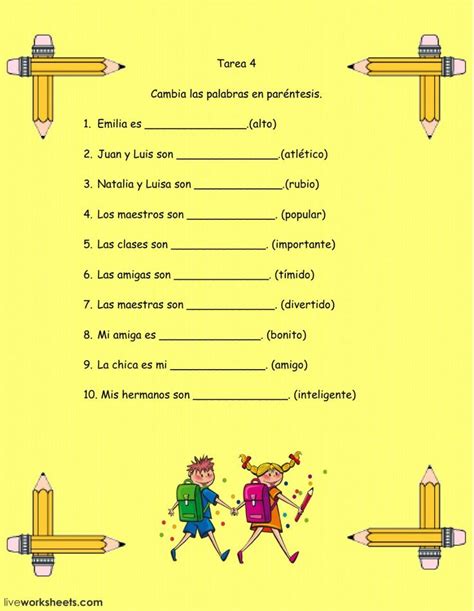 Adjetivos género y número Interactive worksheet Spanish exercises Online workouts