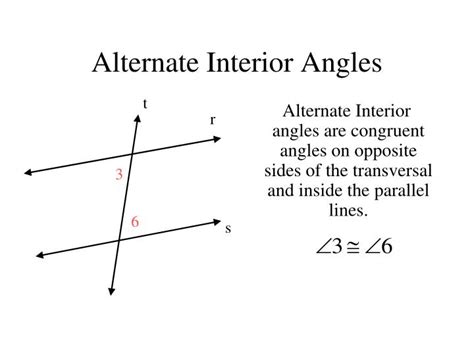 Angles 3 and 6 are also alternate interior angles. PPT - Angles formed by Transversal and Parallel Lines ...
