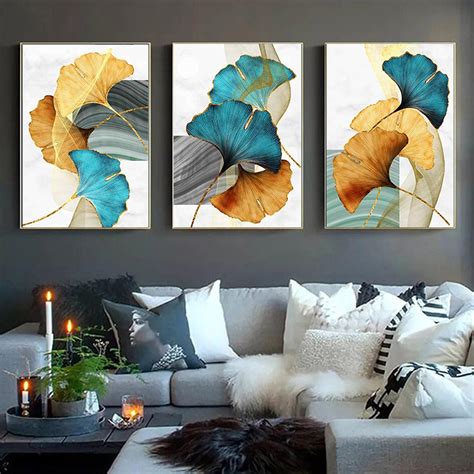 Ginkgo Biloba Blue Green Yellow Gold Abstract Poster Nordic Etsy In
