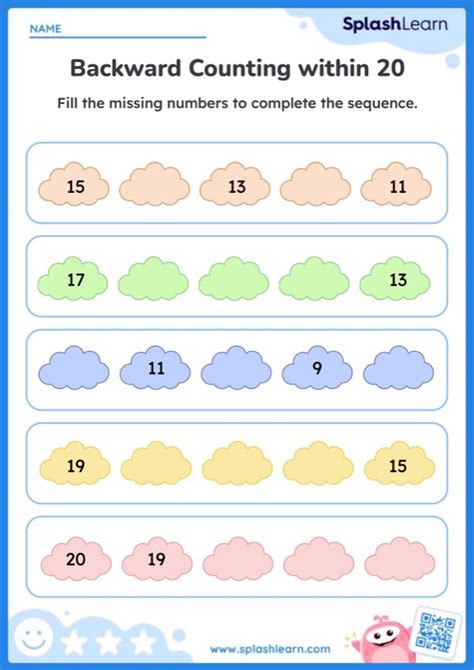 Count Backwards Within 20 With Clouds — Printable Math Worksheet