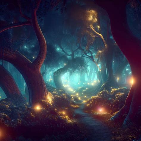Fantasy Forest At Night Magic Glowing Path And Lights In Fairytale