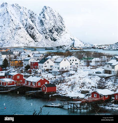 Reine Picturesque Norwegian Fishing Village In Lofoten Islands Stock