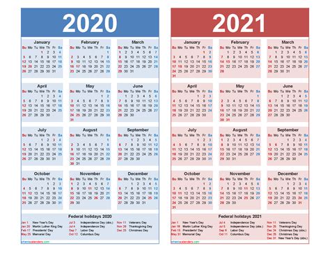 Free 2020 And 2021 Calendar Printable With Holidays Free Printable