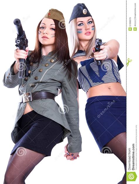 Two Women In The Military Uniform With A Guns Stock Image
