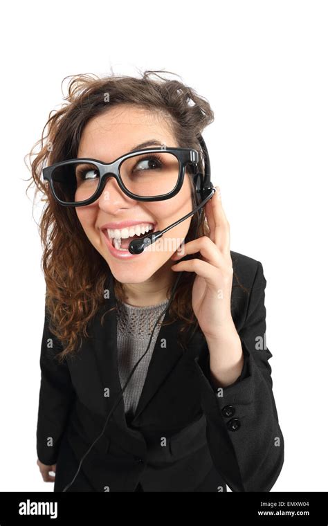 Happy Geek Telephone Operator Woman Attending A Call Isolated On A