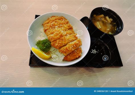 Japanese Katsudon Or Deep Fried Pork On Rice In A Bowl With Miso Soup Stock Photo Image Of