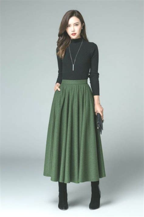 Green Wool Skirt Winter Skirt Pleated Skirt Full Skirt Skirt With