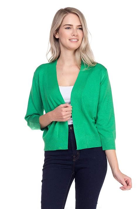 Women 34 Sleeve Solid Open Bolero Cropped Cardigan Shrug Apple Green
