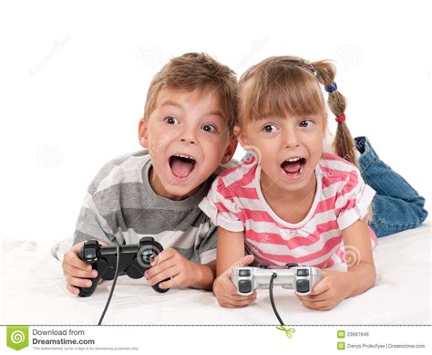 Happy Girl And Boy Playing A Video Game Stock Photo Image Of Child