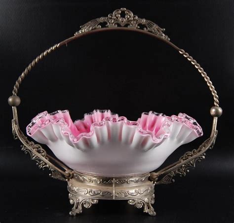 Sold At Auction Antique Pink And White Cased Glass Brides Basket With Ribbon And Ruffled Edge