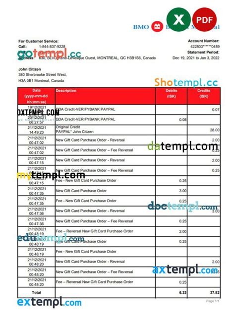 Canada Bank Of Montreal Bank Statement Excel And Pdf Template Autosum