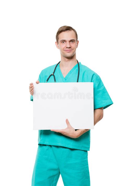 Smiling Doctor Holding Blank Card Isolated On Stock Photo Image Of