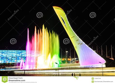 Colorful Fountain At Night Olympic Torch In Sochi Russia Editorial