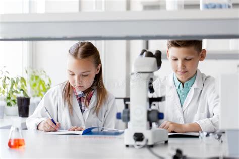 Kids Studying Chemistry At School Laboratory Stock Image Image Of
