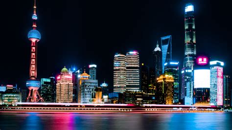 Night City City Lights Panorama Shanghai China 4k