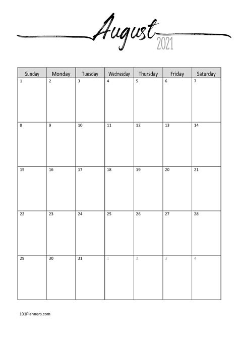 Printable Blank Monthly Calendar August 2021 Calendar Template Printable