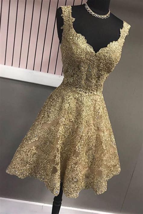 Gold V Neck Lace Short Prom Dress Gold Homecoming Dress In 2021 Gold