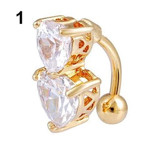 2016 New Reverse Crystal Zircon Bar Belly Ring Gold Body Piercing Button Navel Two Hearts 6vdi