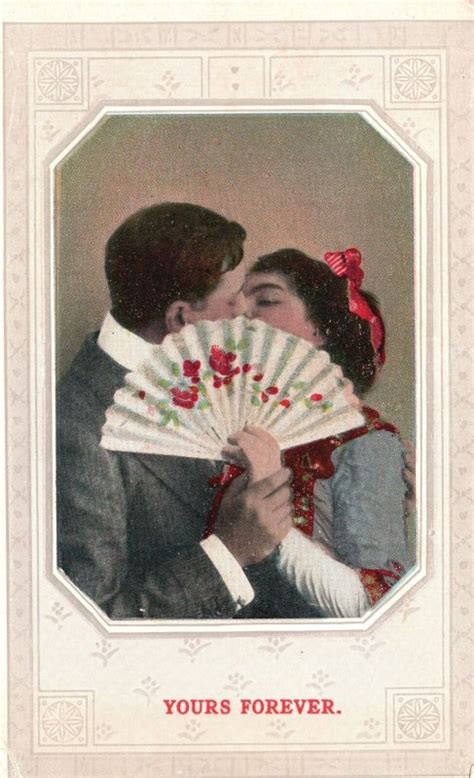 Vintage Postcard 1910s Yours Forever Lovers Kissing Behind Victorian