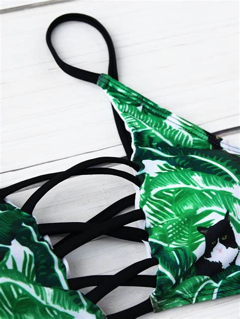 Leaf Print Criss Cross Bikini Set Sheinsheinside
