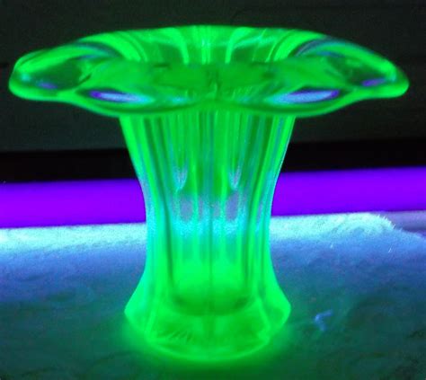 Green Vaseline Uranium Depression Glass Glass Trumpet Vase 5 58 Tall
