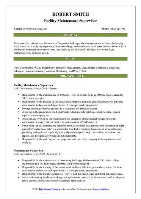 Inspecting facilities periodically to determine problems and necessary maintenance. Maintenance Supervisor Resume Samples | QwikResume