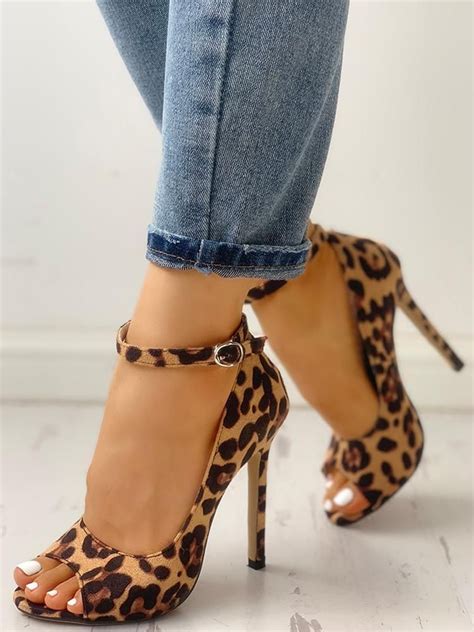 Boutiquefeel Leopard Print Peep Toe Ankle Strap Sandal Fashion